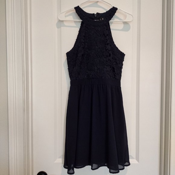 LULU'S navy blue Lovers Game lace chiffon swing dress, size S - Picture 4 of 10